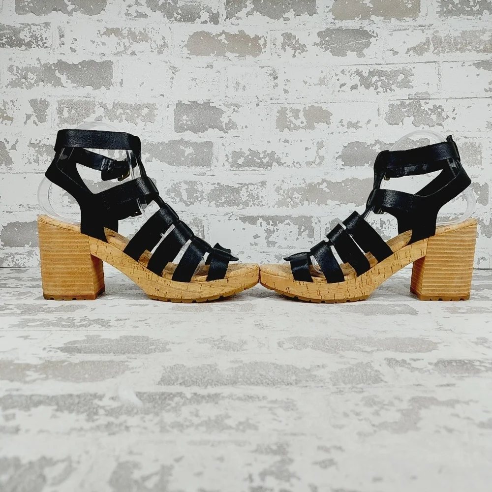 NEW Kork-Ease Camille Black Leather Block Heel Wedge Sandals E1014